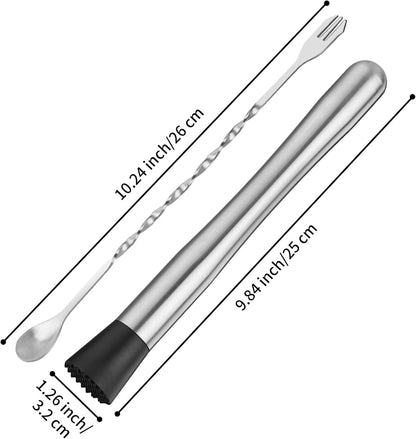 2PCS 10" Stainless Steel Cocktail Muddler & Mixing Spoon for Bar