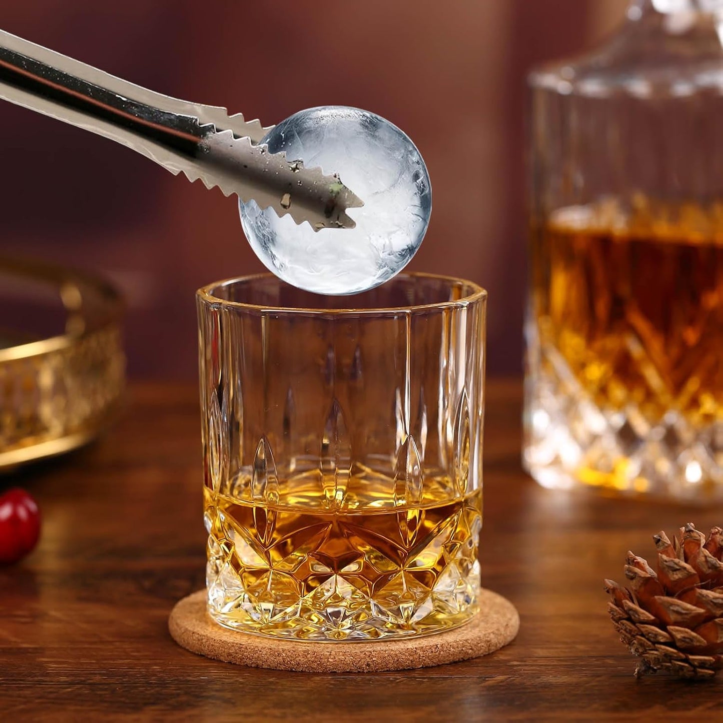 Crystal Whiskey Decanter Set in Gift Box - Includes 4 Crystal Whiskey Glasses and 4 Big Ice Ball Molds - Unique Whiskey Gift for Men