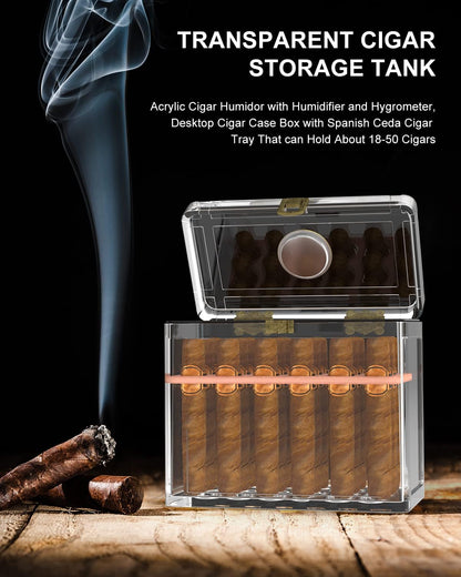 Acrylic Cigar Humidor with Humidifier and Hygrometer, Desktop Cigar Case Box with Spanish Cedar Cigar Tray That Can Hold about 18-50 Cigars