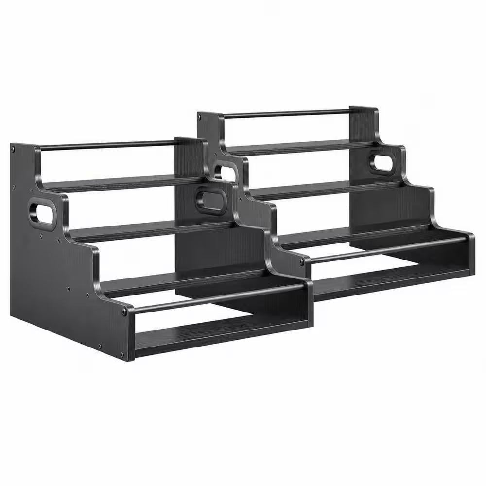 2-Pack 4-Tier 12.4 In. H X 16 In. W 16-Bottle Black Wooden Bar Shelves, Countertop Liquor Bottle Display Shelf