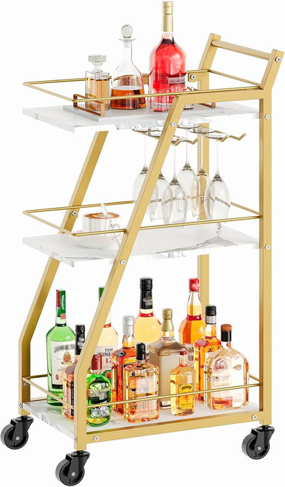 Bar Cart, Gold Bar Cart for the Home, Small Bar Cart on Wheels, Beverage Cart, Home Bar Serving Cart with Glass Holder, Drink Cart for Bar, Kitchen, Marble White and Gold