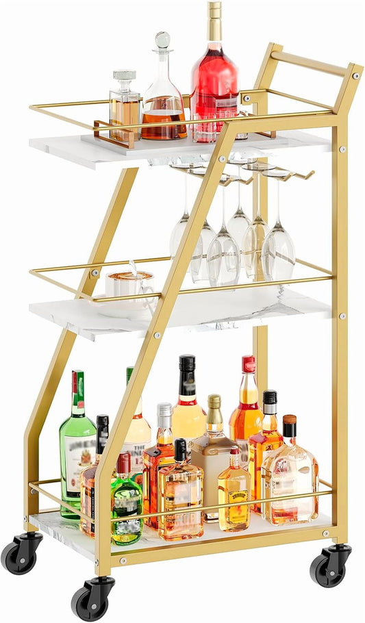 Bar Cart, Gold Bar Cart for the Home, Small Bar Cart on Wheels, Beverage Cart, Home Bar Serving Cart with Glass Holder, Drink Cart for Bar, Kitchen, Marble White and Gold