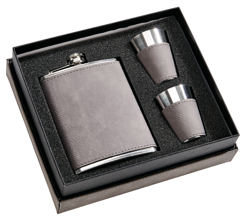 Grey Leatherette Flask & Stainless Steel Shot Glass Set