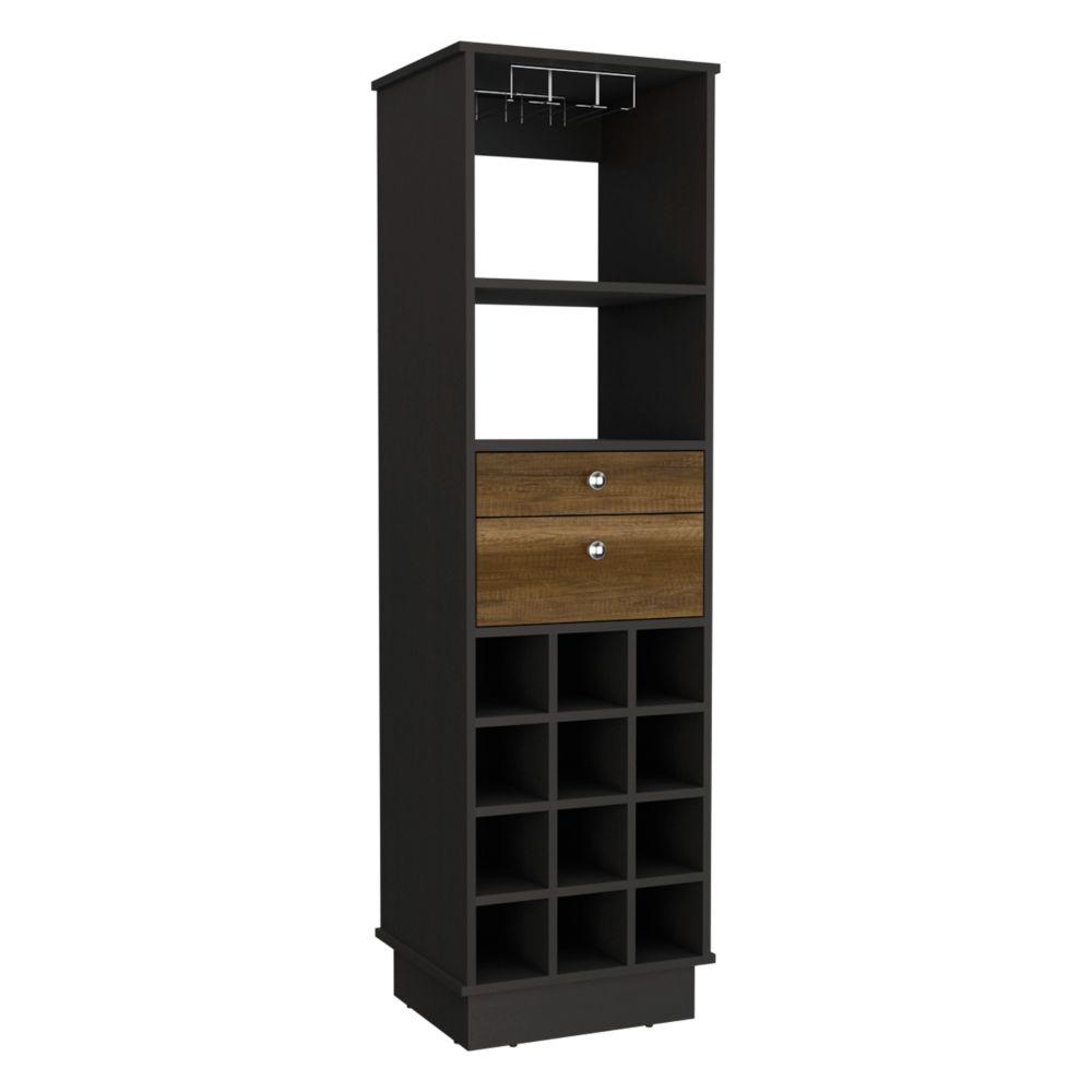 Bureck Bar Cabinet – Black Wenge Finish with Two Drawers and Twelve Wine Cubbies