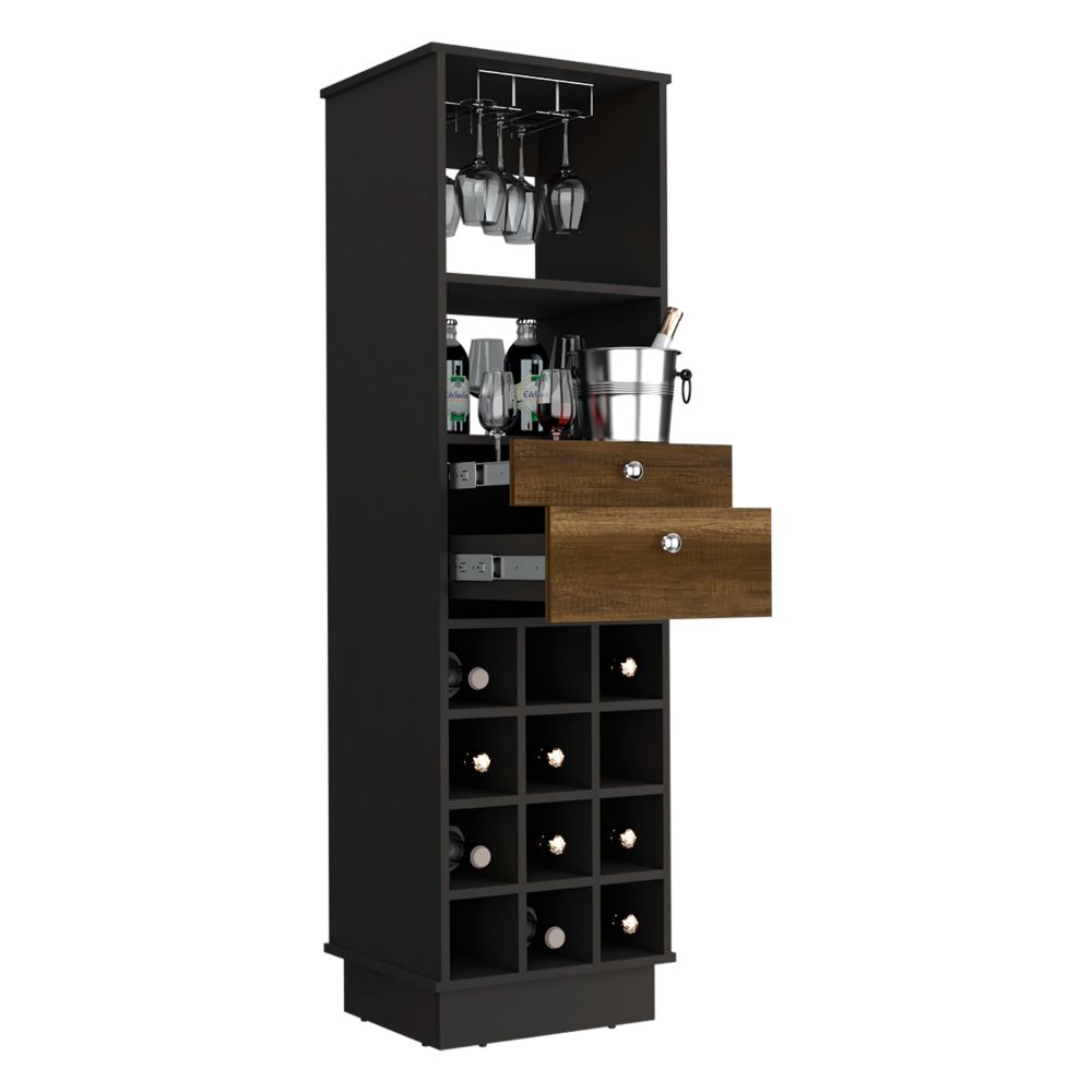 Bureck Bar Cabinet – Black Wenge Finish with Two Drawers and Twelve Wine Cubbies