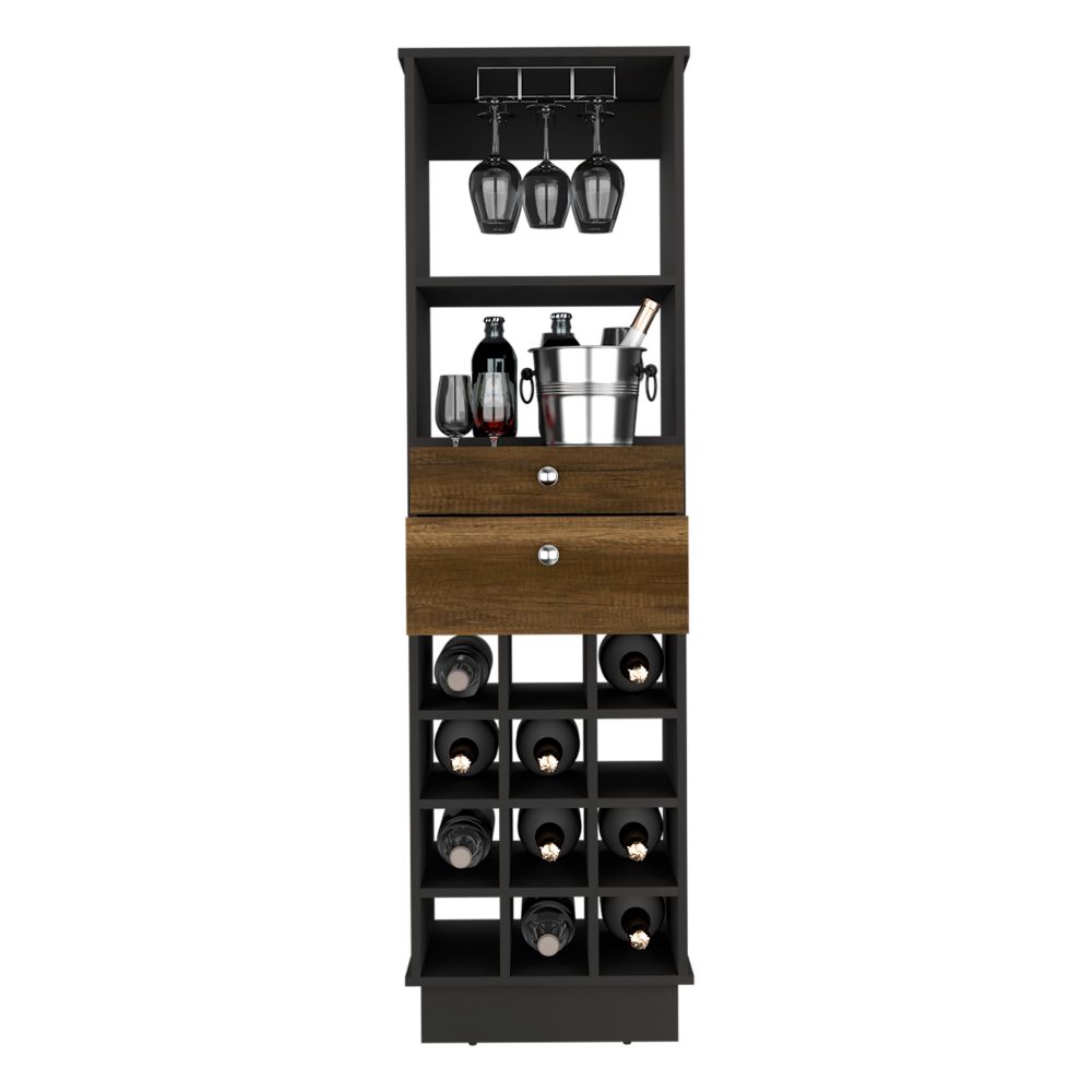 Bureck Bar Cabinet – Black Wenge Finish with Two Drawers and Twelve Wine Cubbies