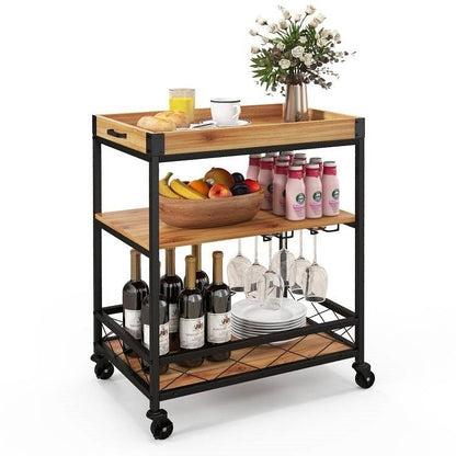 Modern Metal Wood Shelf Kitchen Serving Bar Cart with Removable Top