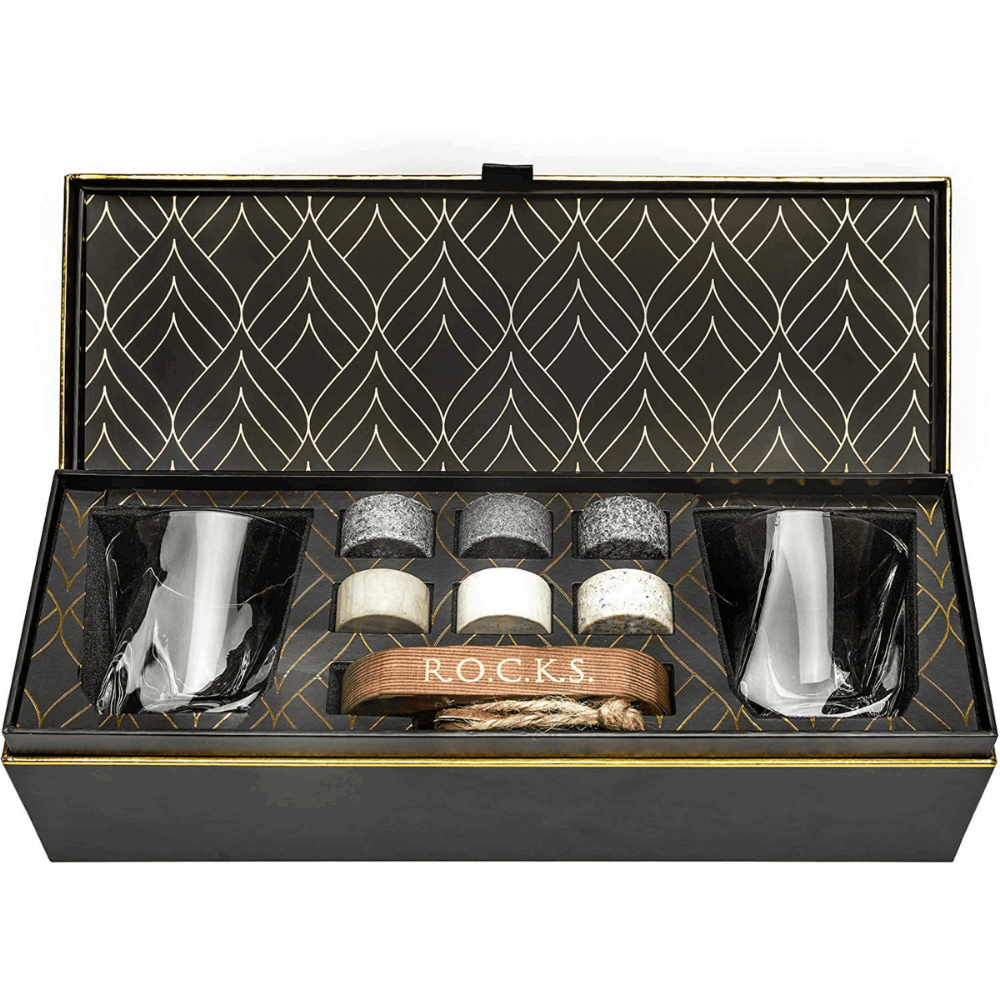 Whiskey Chilling Stones Gift Set with 2 Twist Crystal Glasses - Premium Granite Chillers & Elegant Lead-Free Tumblers for Perfectly Chilled Whiskey