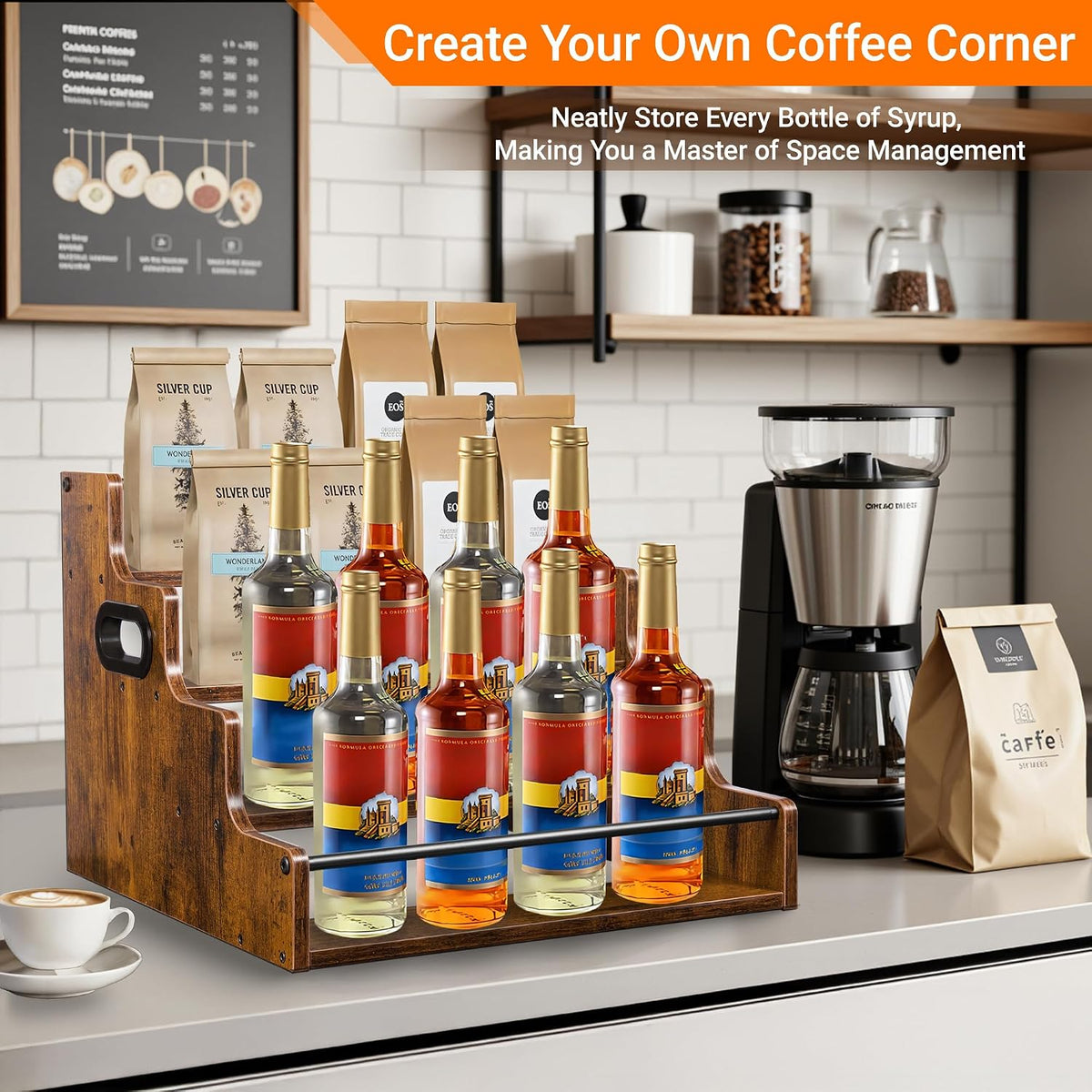 4-Tier Liquor Bottle Display Shelf, Rustic Brown, 16-Inch
