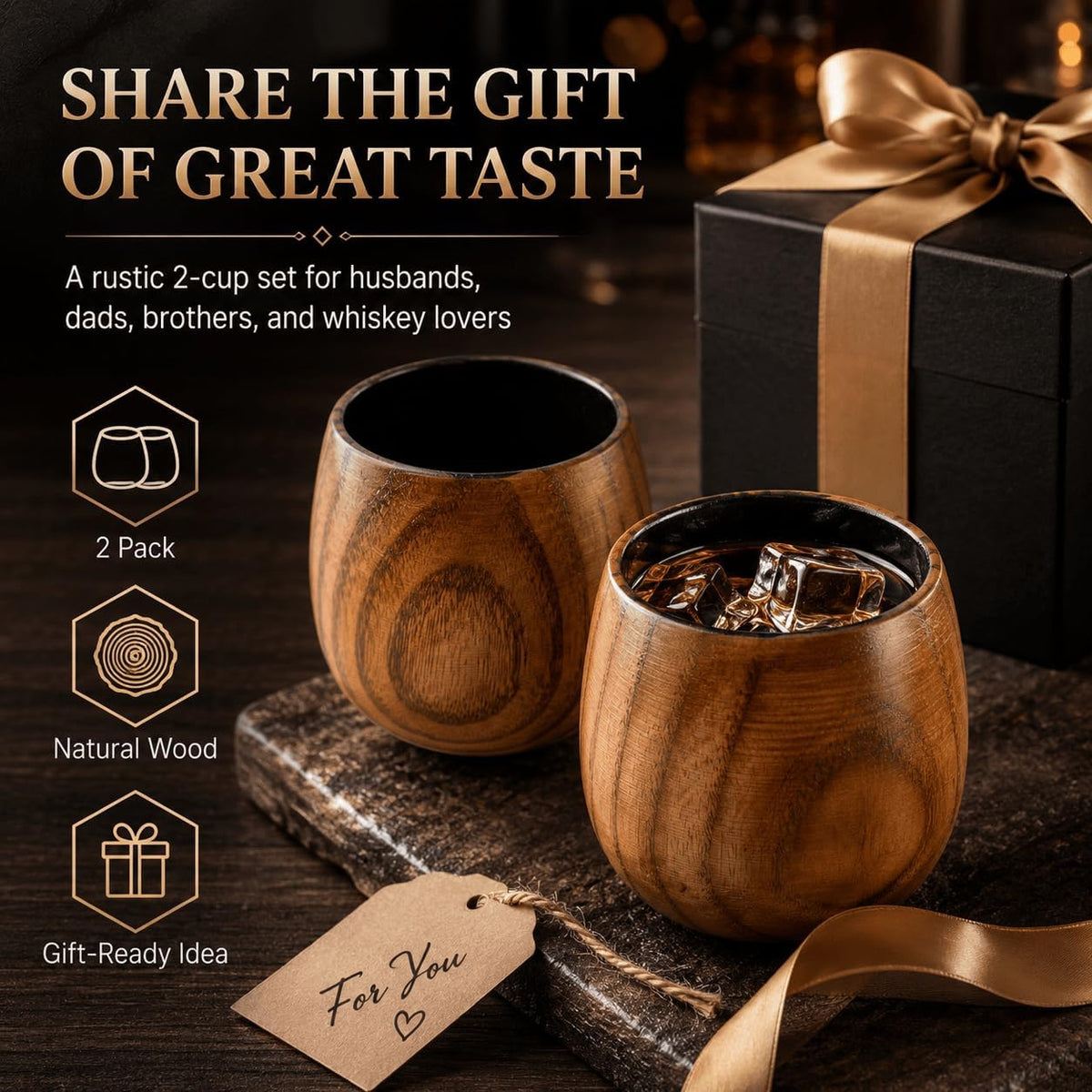 Wooden Whiskey Glasses 10Oz, Rustic Bourbon Glasses, Birthday Gifts for Men, Husband, Dad, Brother, Home Bar Drinkware (2 Pack)