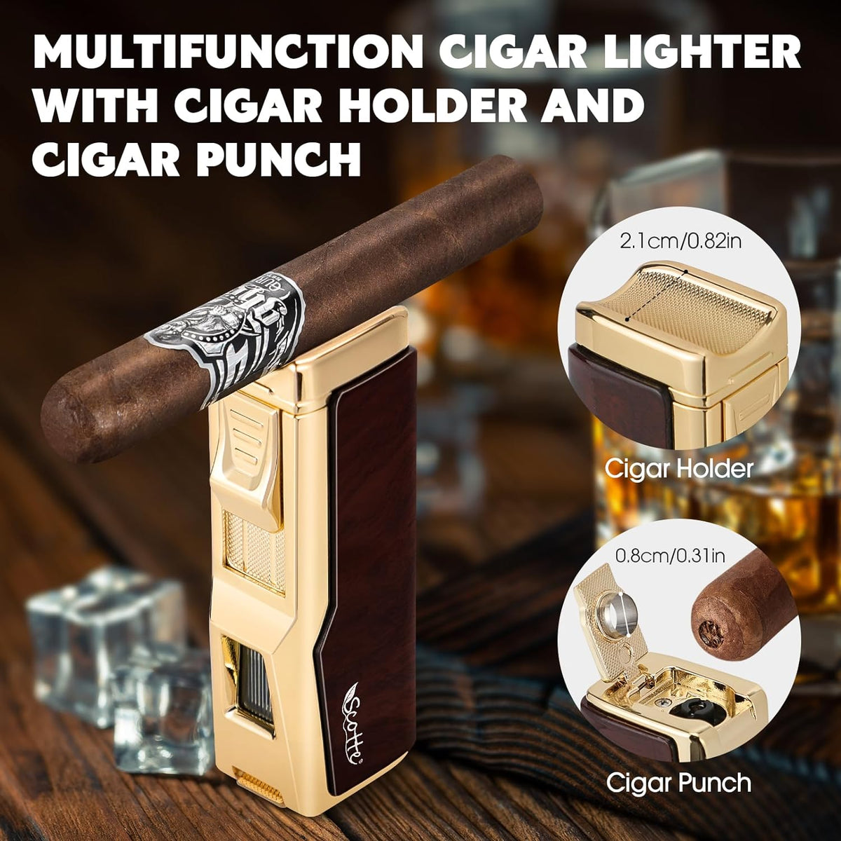 Cigar Humidor Box, Cigar Lighter Cedar Wood Lined Leather Cigar Case Built in Hygrometer & Humidifier, Torch Lighter with Cigar Holder Cigar Punch Portable Travel Cigar Humidor Kit(No Butane)