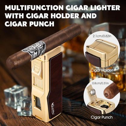Cigar Humidor Box, Cigar Lighter Cedar Wood Lined Leather Cigar Case Built in Hygrometer & Humidifier, Torch Lighter with Cigar Holder Cigar Punch Portable Travel Cigar Humidor Kit(No Butane)
