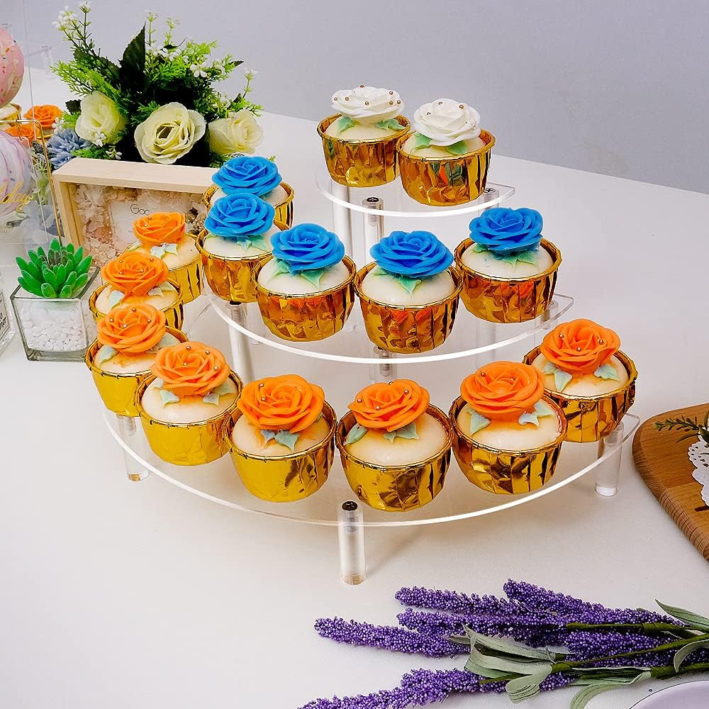 Acrylic Risers Display Stand - 3 Tier Clear Step Display Riser- Half Moon Cupcake Dessert Stand for Display or Collections (Acrylic Rods 1 Set)