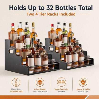 2-Pack 4-Tier 12.4 In. H X 16 In. W 16-Bottle Black Wooden Bar Shelves, Countertop Liquor Bottle Display Shelf