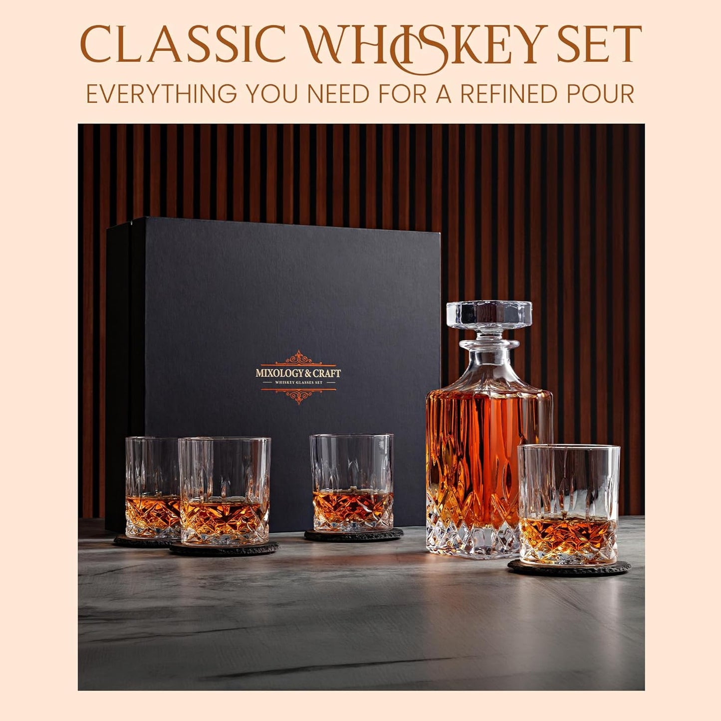 Luxury Whiskey Decanter Gift Set - 25Oz Crystal Decanter, 4 Old-Fashioned Glasses, 4 Slate Coasters with Diamond Pattern Premium Black Gift Box
