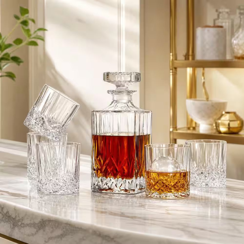 Sophisticated 30 Oz. Clarity Crystal Whiskey Decanter Set with 4 Elegant Glasses – Perfect for Home Bar and Gifting