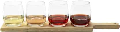 Wine Flight Tasting Board with 4 Stemless Wine Glasses - 18.5 Inch Natural Wood Serving Board, 12 Oz Glasses, Complete Wine Tasting Kit for Home Entertaining