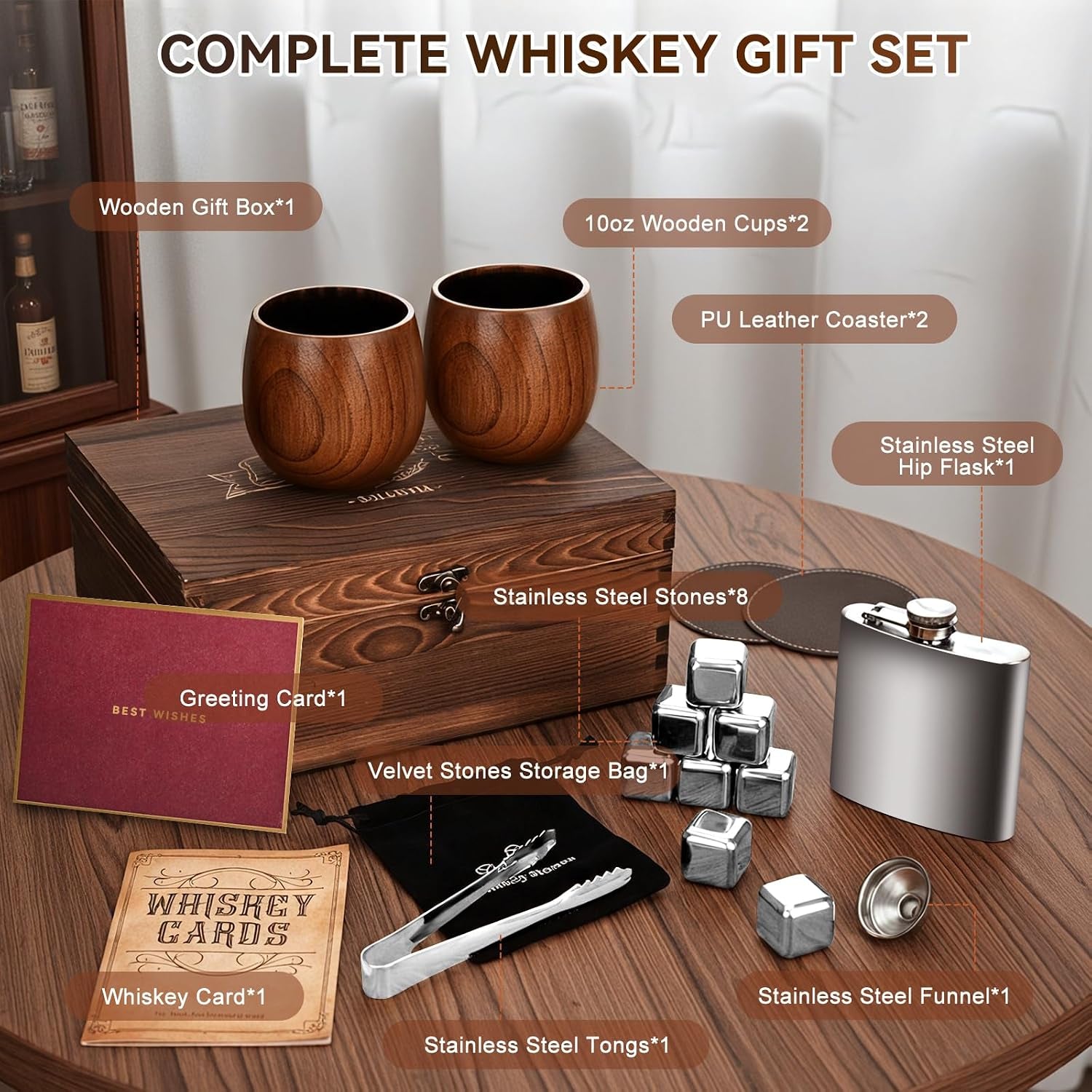 Charred Wooden Bourbon Drinking Glass Wooden Whiskey Glasses Set of 2 17-Piece Complete Whiskey Gift Set Old Fashioned Glass Bourbon Gifts for Men Dad, Husband, Brother (Silver Accents)