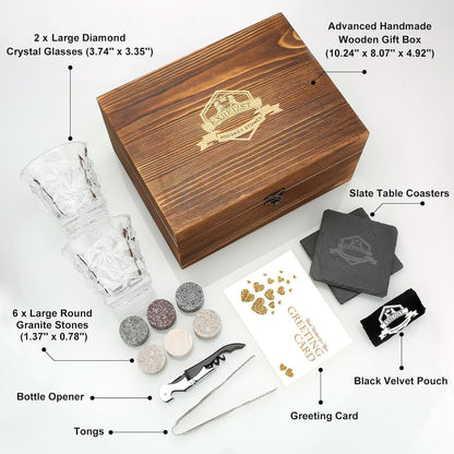 Whiskey Stones Gift Set - Whiskey Glass Set of 2 - Granite Chilling Whiskey Rocks - Scotch Bourbon Whiskey Box Set- Best Drinking Gifts for Men Dad Husband Birthday Party Holiday