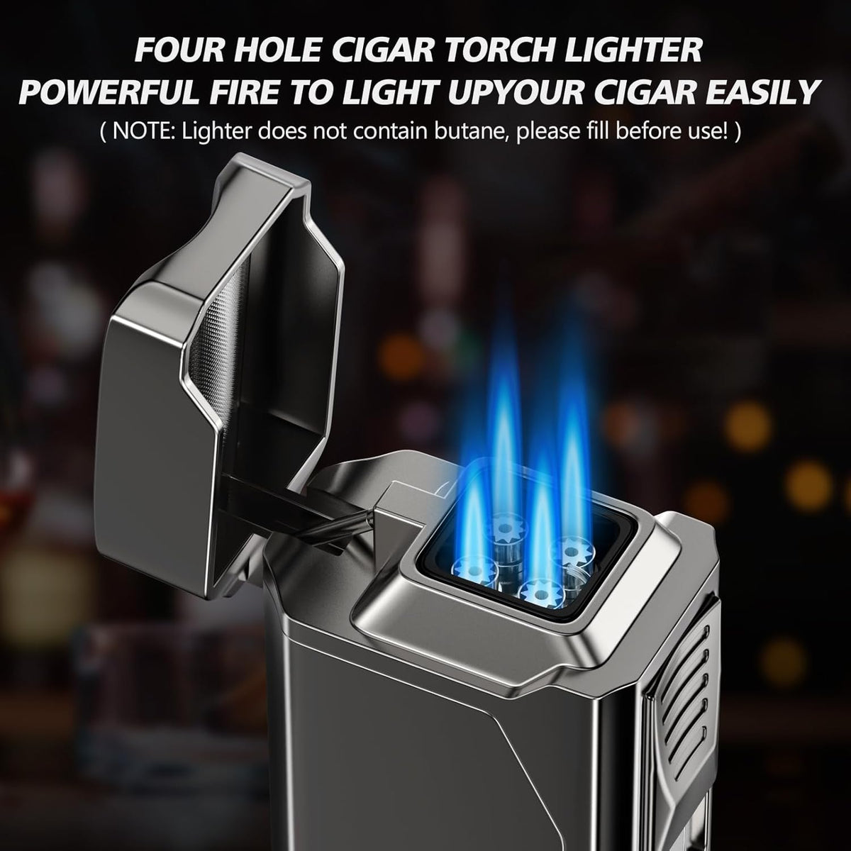 Cigar Torch Lighter, 4 Jet Flame Cigar Lighter with Cigar Cutter V Cut Cigar Accessories Cigar Holder Cigar Punch Cigar Draw Enhancer, Windproof Refillable Butane Lighter, Cigar Gifts for Men