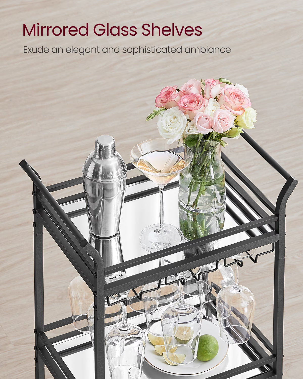 Bar Cart, Home Bar Serving Cart, Small Bar Cart with 3-Tier Shelf, Wine Holders, Glass Holders, Mini Bar Cart for Small Spaces, Ink Black