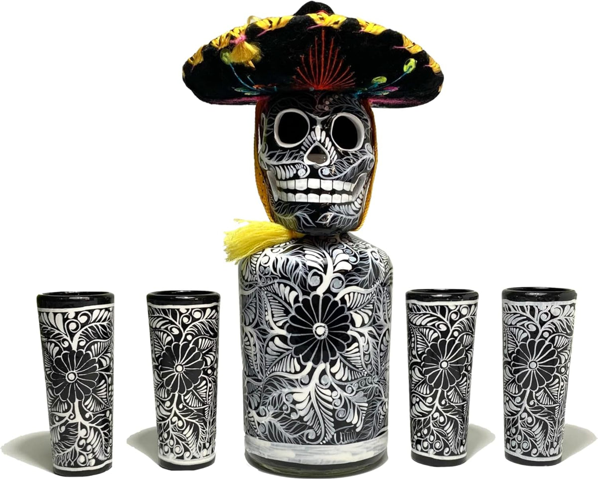 Tequila Decanter Set, Liquor Decanter with Shot Glasses and Mexican Sombrero, Hand-Painted Decanter, Skull Decanter, Bar Decoration, Unique Tequila Gift, Gift for Dad, (Black Decanter Set)