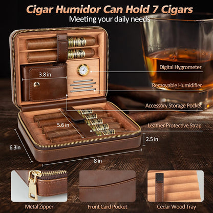 Cigar Humidor, Leather Cigar Case with Cigar Lighter, Built-In Straight Cigar Cutter and Cigar Punch, Travel Cigar Humidor with Humidifier and Cedar Tray, Cigar Accessories Set for Men