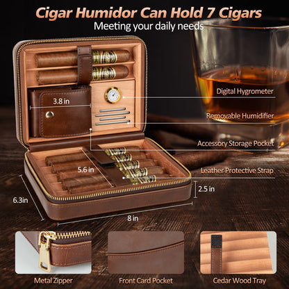 Travel Cigar Humidor,Leather Cigar Case with Cigar Lighter,Built-In Straight Cigar Cutter Cigar Punch,Portable Cigar Box with Humidifier and Cedar Tray,Cigar Accessories Set for Men,Hold 7 Cigars