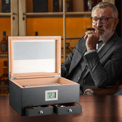Cigar Humidor with 2 Drawers,Cigar Accessories with Humidifier,Humidor Cigar Box Solid Cedar Wood,Cigar Gifts for Men,Glass Top Humidor,Cigar Case Fit 25-50 Cigars,Desktop Cigar Box
