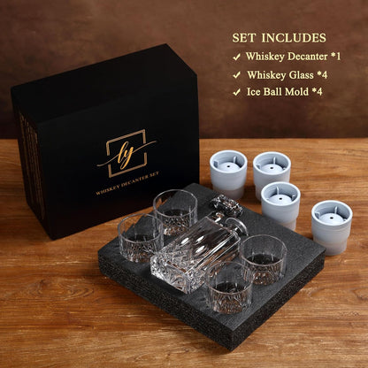 Crystal Whiskey Decanter Set in Gift Box - Includes 4 Crystal Whiskey Glasses and 4 Big Ice Ball Molds - Unique Whiskey Gift for Men