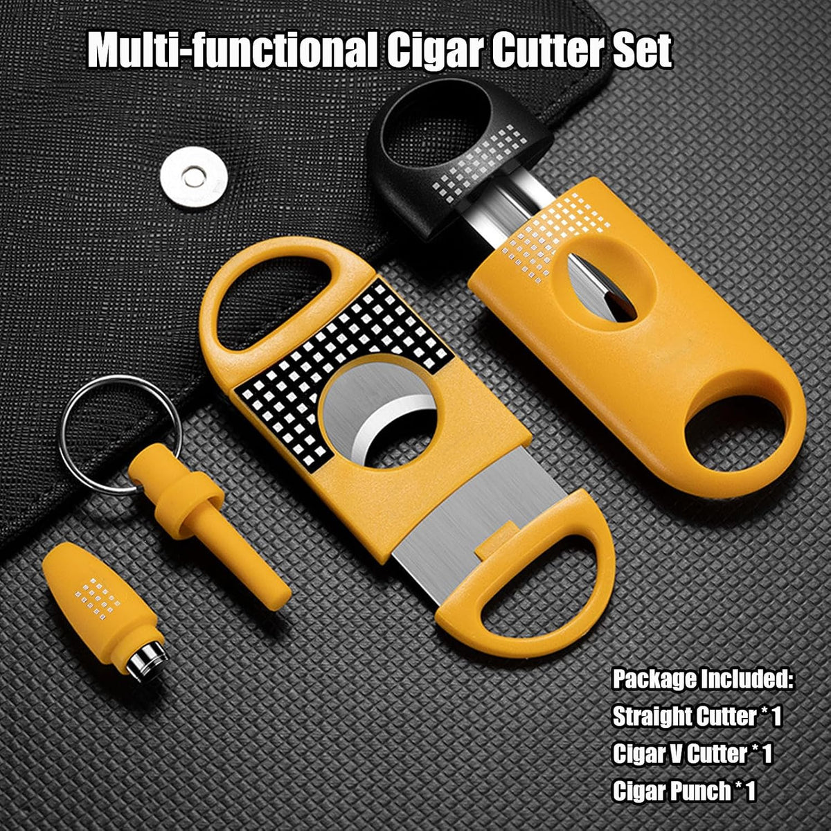 Cigar Cutter Set, with Cigar Straight Cutter, Cigar V Cutter, Cigar Punch, Multi-Functional Cigar Accessories Kit for Cigar Humidor Case, Portable Cigar Tools for Travel Outdoors (Yellow)
