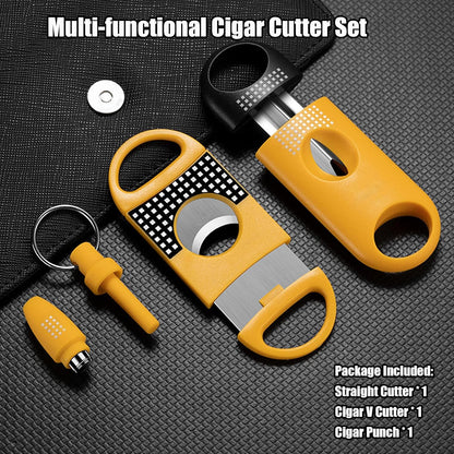 Cigar Cutter Set, with Cigar Straight Cutter, Cigar V Cutter, Cigar Punch, Multi-Functional Cigar Accessories Kit for Cigar Humidor Case, Portable Cigar Tools for Travel Outdoors (Yellow)