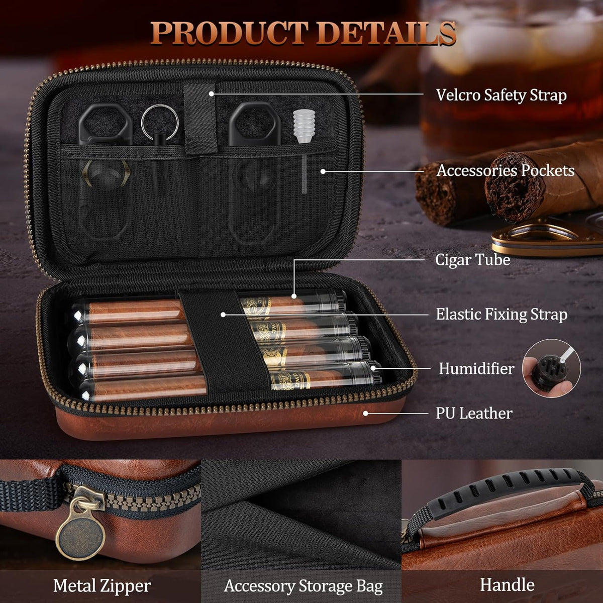 Travel Cigar Humidor Case, Portable Cigar Bag with 4 Cigar Tubes, Leather Cigar Case Include Straight Cutter, V Cutter, Hole Puncher, Gift Set for Cigar Lovers, Lighter Not Included (Brown)