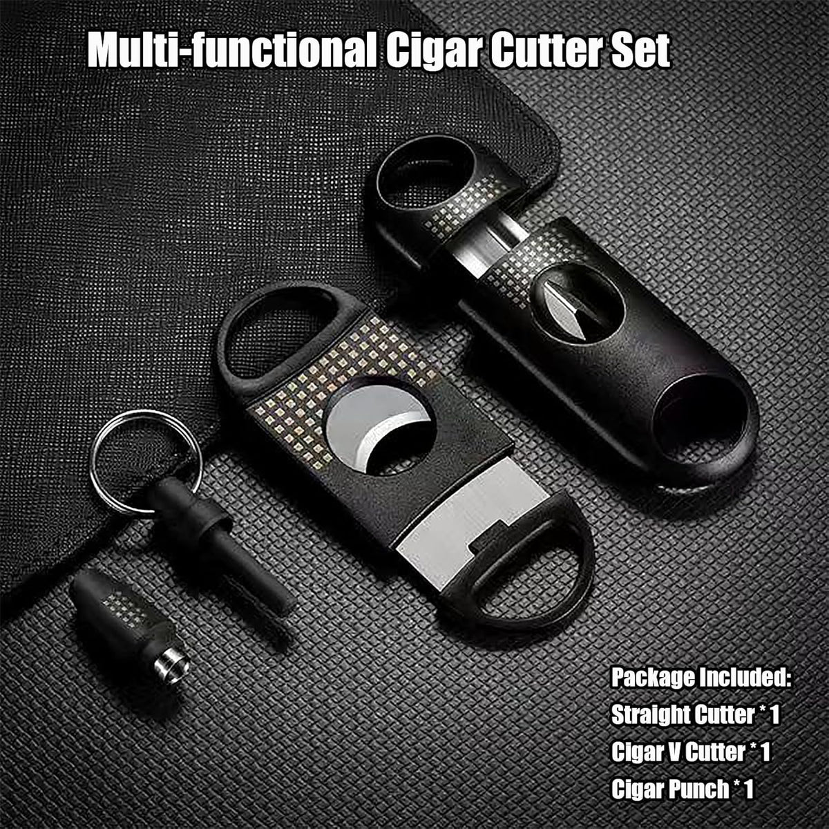 Cigar Cutter Set, with Cigar Straight Cutter, Cigar V Cutter, Cigar Punch, Multi-Functional Cigar Accessories Kit for Cigar Humidor Case, Portable Cigar Tools for Travel Outdoors