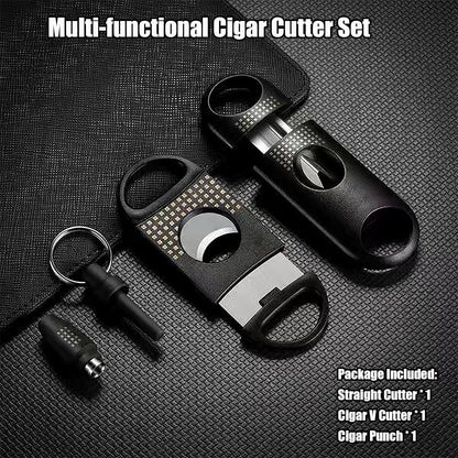 Cigar Cutter Set, with Cigar Straight Cutter, Cigar V Cutter, Cigar Punch, Multi-Functional Cigar Accessories Kit for Cigar Humidor Case, Portable Cigar Tools for Travel Outdoors
