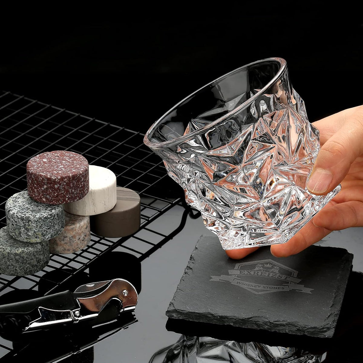 Whiskey Stones Gift Set - Whiskey Glass Set of 2 - Granite Chilling Whiskey Rocks - Scotch Bourbon Whiskey Box Set- Best Drinking Gifts for Men Dad Husband Birthday Party Holiday