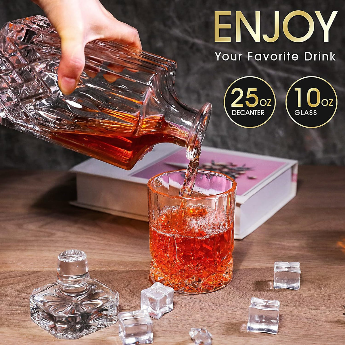 Whiskey Decanter Set with 6 Glasses, 750Ml Lead-Free Crystal Liquor Decanter Gift Set for Bourbon, Scotch, Whiskey & Rum, Home Bar Decanter Set for Men