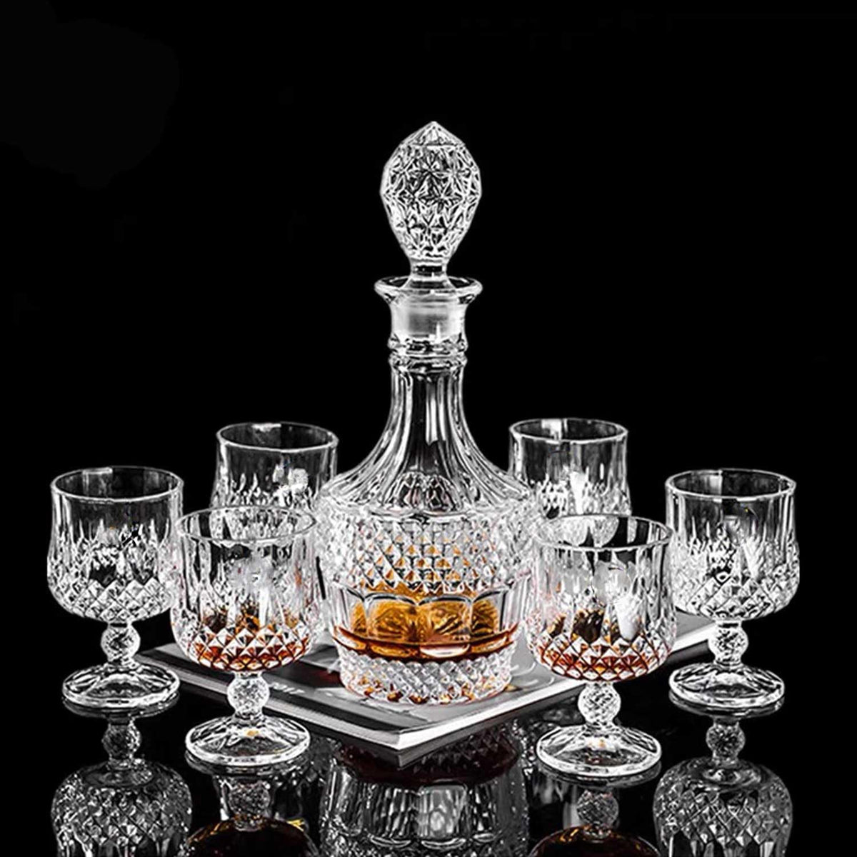 Bourbon Clear Whiskey Decanter，Hand Painted Liquor Decanter Glasses Set, Crystal Design Decanter and 6 Glasses，Bourbon Scotch Vodka Wine，Tequila，Home Bar ，Brandy， Gifts for Men | Sparkling Glass Decanter，Made of Czech Crystal Glass，High Transparency，Hand Painted Liquor Decanter Glass Set，Gifts for Men