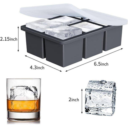 Old Fashioned Style Black Square Ice Mold Silicone Large Ice Cube Tray with Lid for Cocktails Whiskey 2 Pack