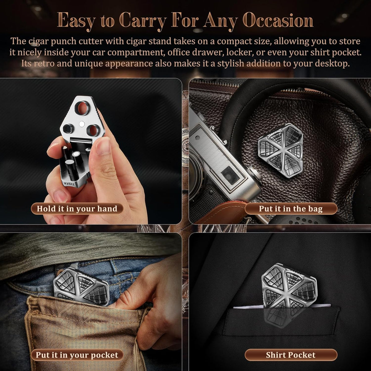 Cigar Punch with Cigar Holder Combo, Triple Punch Cutter and Stand | Mini Portable Cigar Accessories, Metal Cigar Hole Punch Cigar Rest Cigar Kit