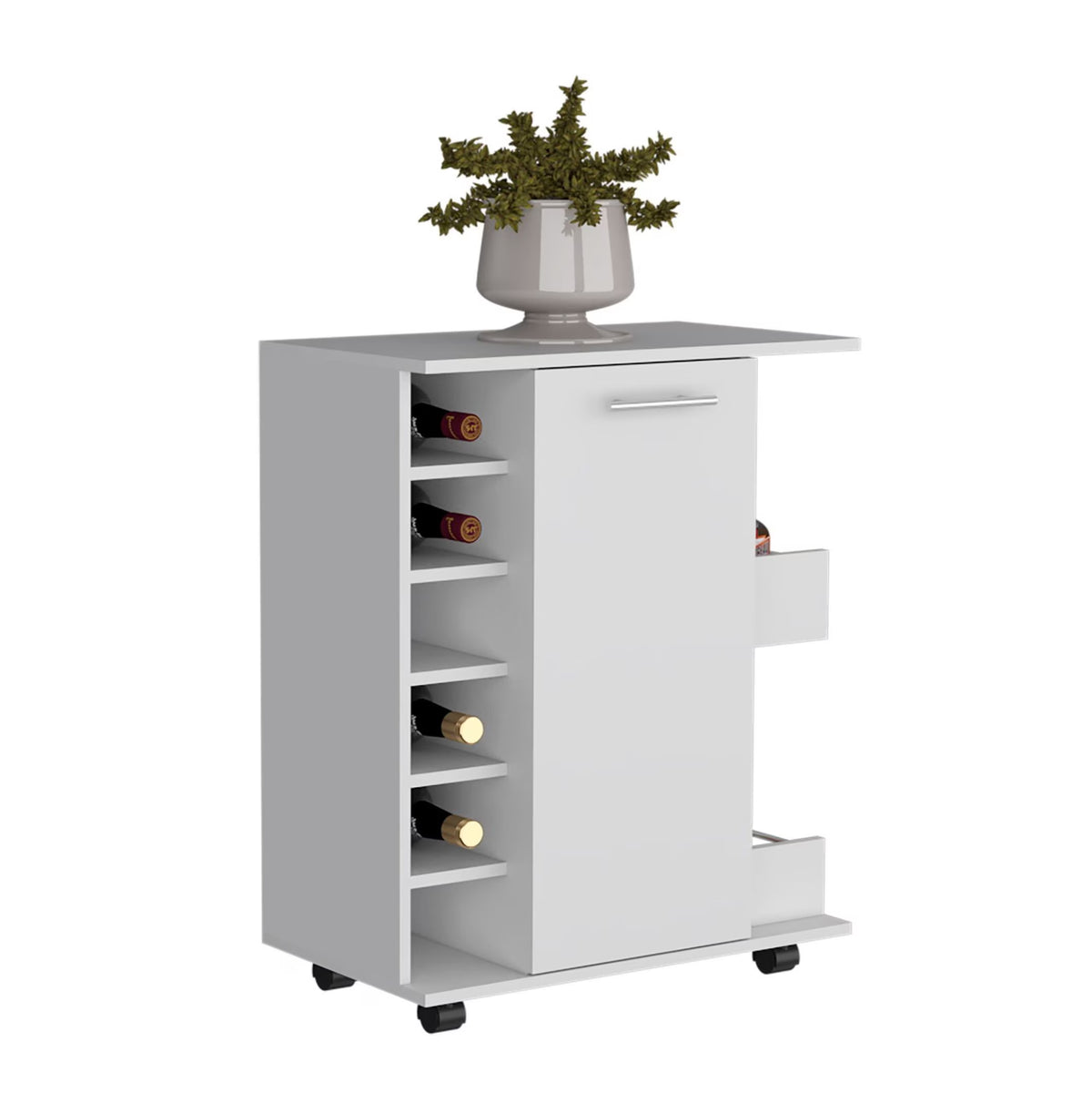 Bar Cart with Wine Storage, White Finish - Cabot Rolling Bar Cart with Shelves & Casters