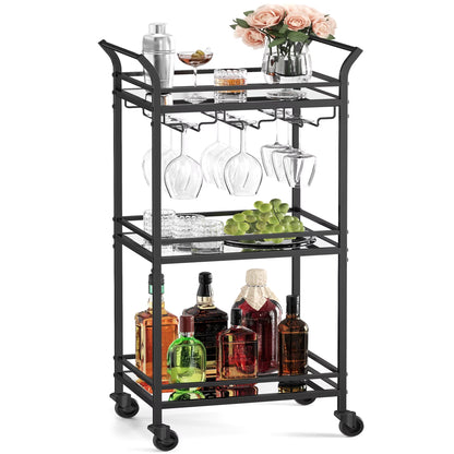Bar Cart, Home Bar Serving Cart, Small Bar Cart with 3-Tier Shelf, Wine Holders, Glass Holders, Mini Bar Cart for Small Spaces, Ink Black