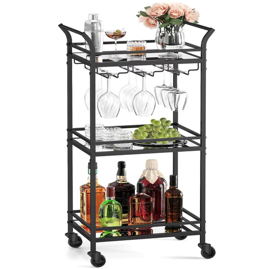 Bar Cart, Home Bar Serving Cart, Small Bar Cart with 3-Tier Shelf, Wine Holders, Glass Holders, Mini Bar Cart for Small Spaces, Ink Black