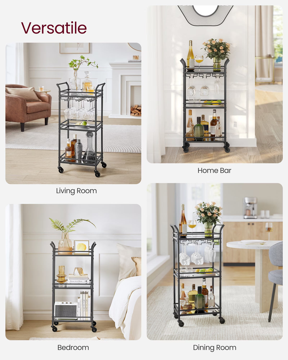Bar Cart, Home Bar Serving Cart, Small Bar Cart with 3-Tier Shelf, Wine Holders, Glass Holders, Mini Bar Cart for Small Spaces, Ink Black