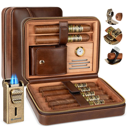 Travel Cigar Humidor,Leather Cigar Case with Cigar Lighter,Built-In Straight Cigar Cutter Cigar Punch,Portable Cigar Box with Humidifier and Cedar Tray,Cigar Accessories Set for Men,Hold 7 Cigars