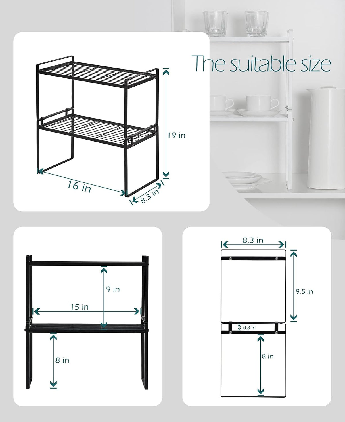 Cabinet Shelf Organizer, Pantry Shelf Rack, Black 16X8.3X9.5
