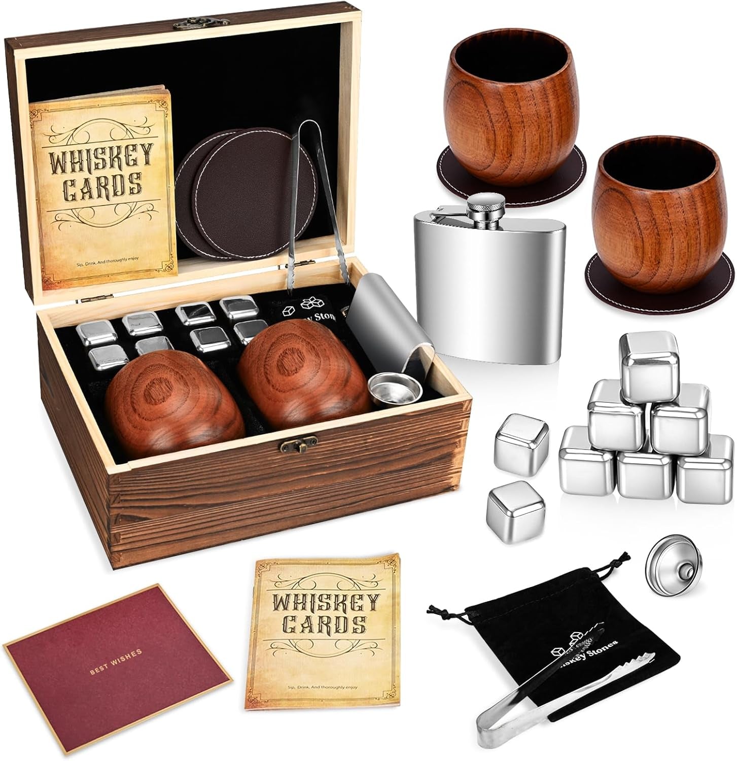 Charred Wooden Bourbon Drinking Glass Wooden Whiskey Glasses Set of 2 17-Piece Complete Whiskey Gift Set Old Fashioned Glass Bourbon Gifts for Men Dad, Husband, Brother (Silver Accents)