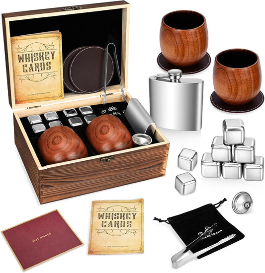 Charred Wooden Bourbon Drinking Glass Wooden Whiskey Glasses Set of 2 17-Piece Complete Whiskey Gift Set Old Fashioned Glass Bourbon Gifts for Men Dad, Husband, Brother (Silver Accents)