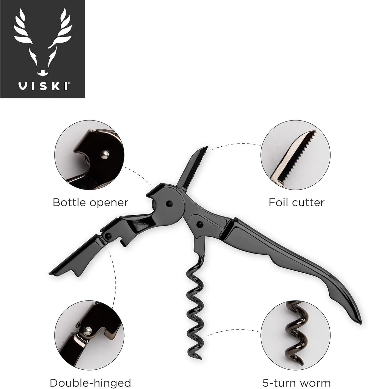 Gunmetal Signature Double Hinged Waiters Corkscrew Wine Opener, Stainless Steel with Built-In Bottle Opener & Foil Cutter for Home Bar, Kitchen, Travel, Gifts for Wine Lovers, Set of 1, Black