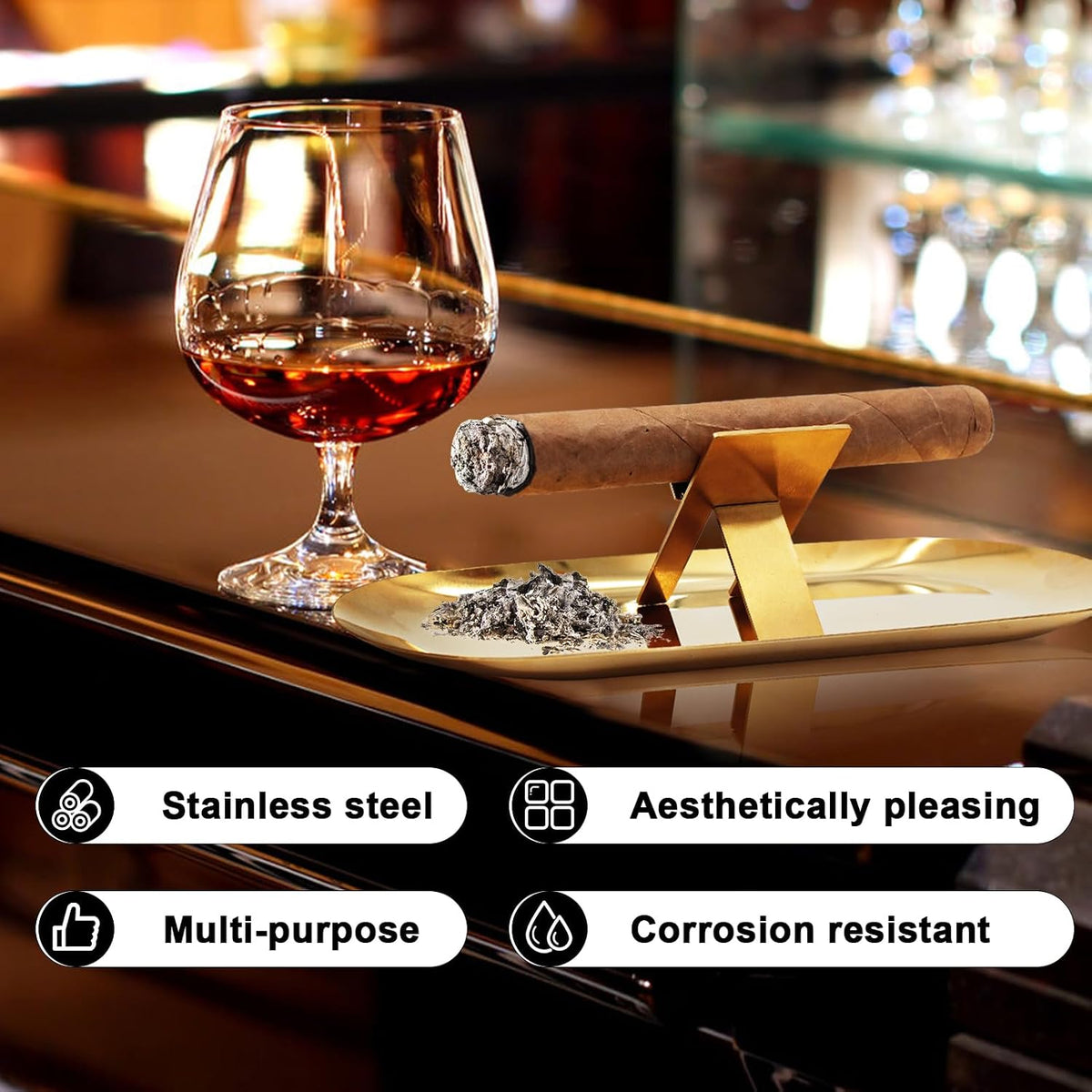 Foldable Cigar Stand Holder with Gold Cigar Ashtray Tray,Stainless Steel Portable Cigardisplay Shelf Tray and Cigar Travel Holder Rest for Cigar Lovers (Gold)